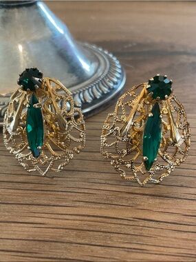 Vintage Gold Filigree Clip Earrings with Emerald Green Rhinestones